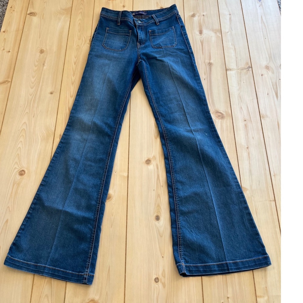 Divine Rights‎ of Denim Womens Flare Jeans Blue High Rise Patch Pocket Size 28